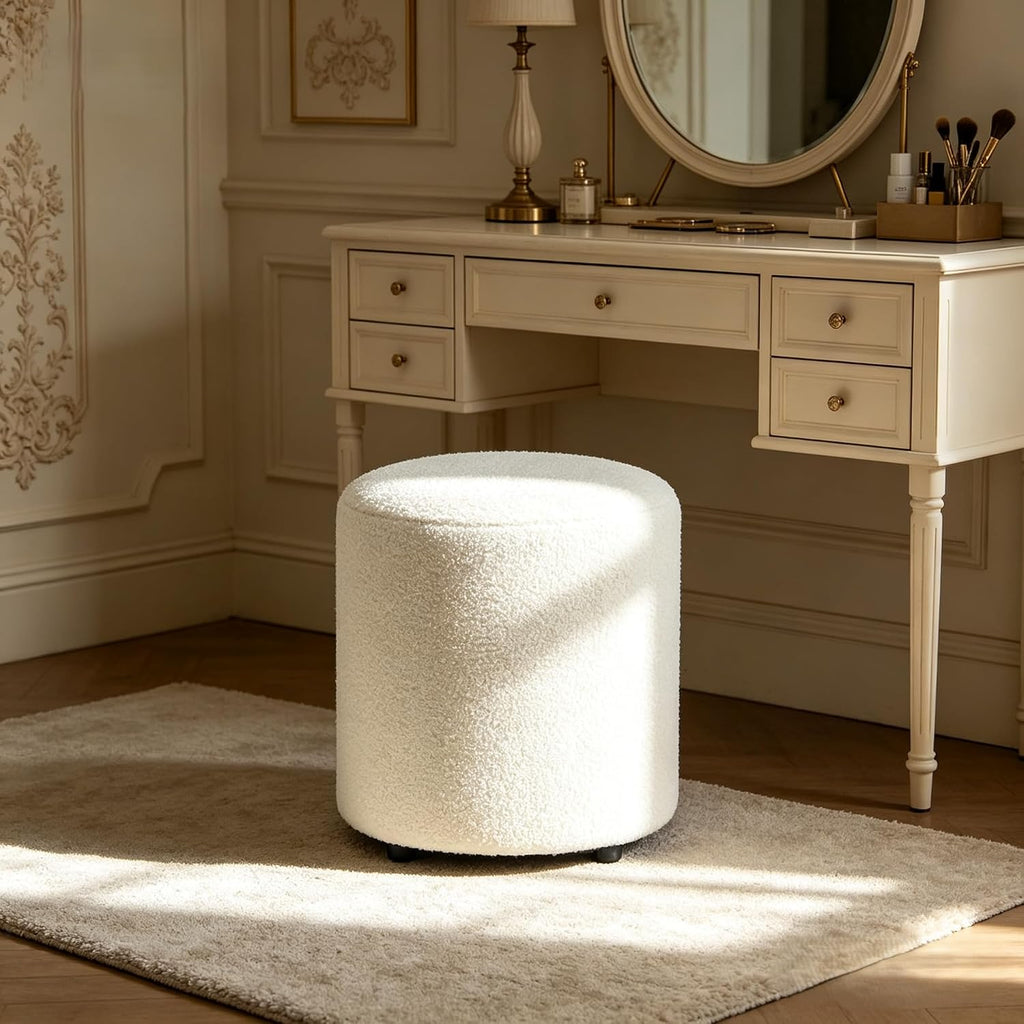 YDcosyfy Modern Round Ottoman, Teddy Fleece Vanity Stool Footrest, Upholstered Stool for Makeup, Bedroom, Living Room, White