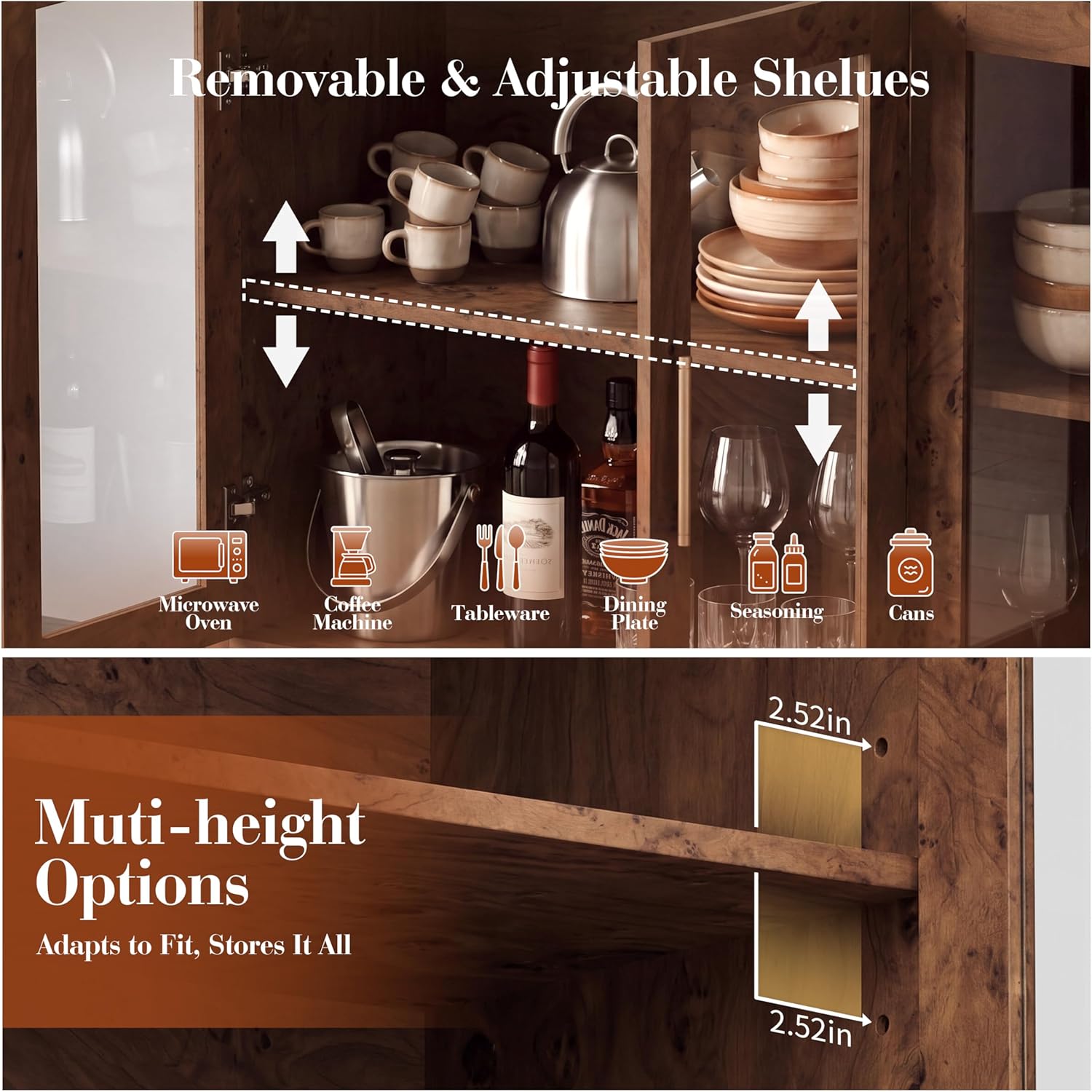 Curved Buffet Storage Cabinet, 59.7" Modern Sideboard with 4 Glass Doors & Adjustable Shelves, Wood Coffee Bar Console Table, Kitchen Cabinet Office Credenza, Hallway, Dark Burl