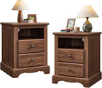T4TREAM Nightstand Set of 2 with Charging Station, 18" W Vintage End Table with 2 Drawers & Open Storage Shelf, Wood Rustic Sofa Side Table for Living Room, Bedroom, Light Walnut