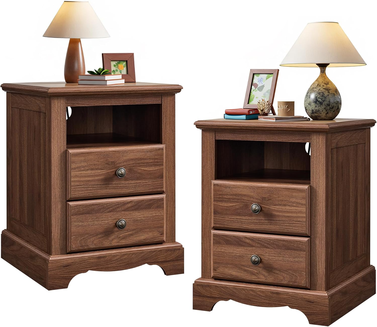 T4TREAM Nightstand Set of 2 with Charging Station, 18" W Vintage End Table with 2 Drawers & Open Storage Shelf, Wood Rustic Sofa Side Table for Living Room, Bedroom, Light Walnut
