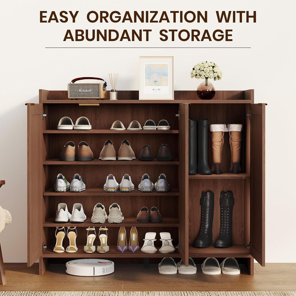 Shoe Cabinet, 41" Tall Rattan Shoe Storage Organizer Cabinet, Adjustable Shelves, 6-Tier Farmhouse Boho Wooden Storage Cabinet for Entryway Hallway Closet Bedroom,Walnut