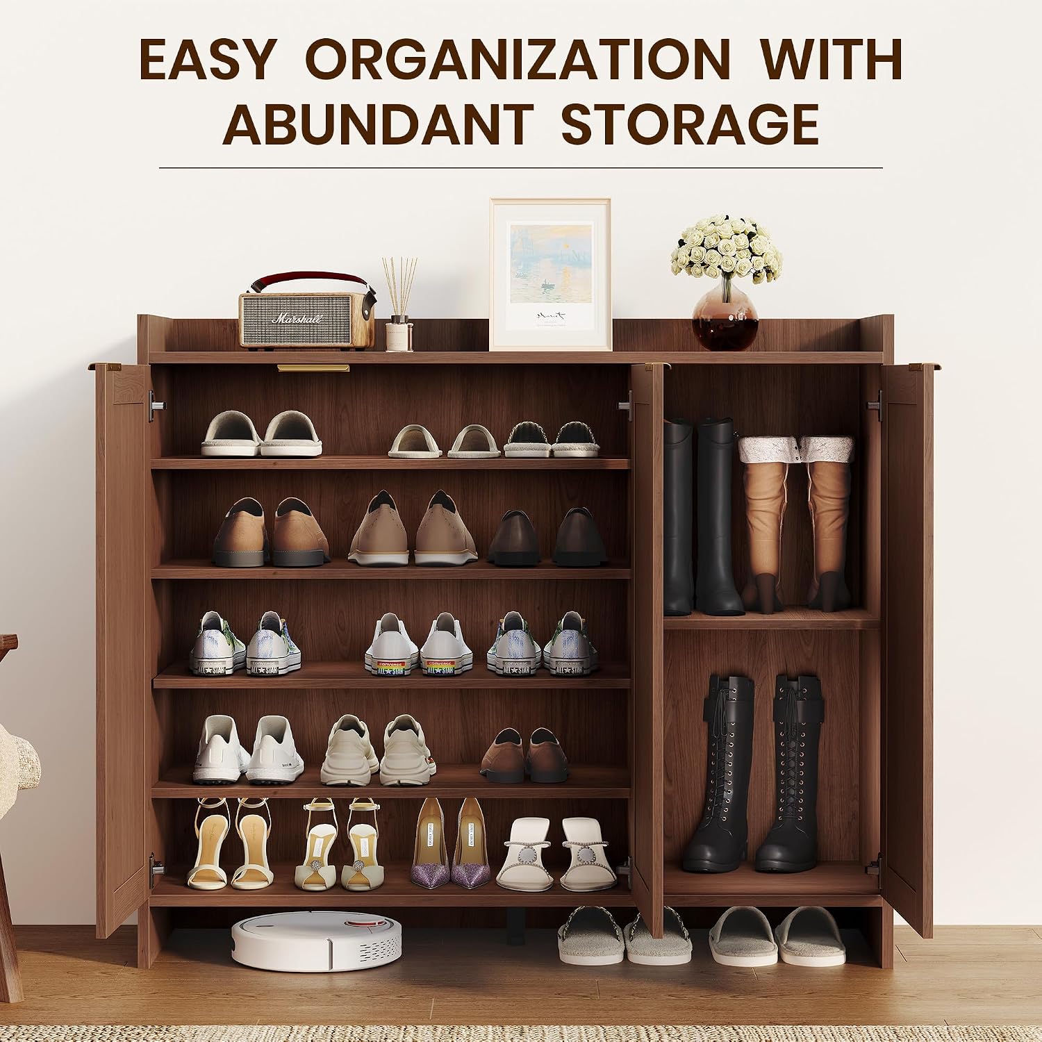 Shoe Cabinet, 41" Tall Rattan Shoe Storage Organizer Cabinet, Adjustable Shelves, 6-Tier Farmhouse Boho Wooden Storage Cabinet for Entryway Hallway Closet Bedroom,Walnut
