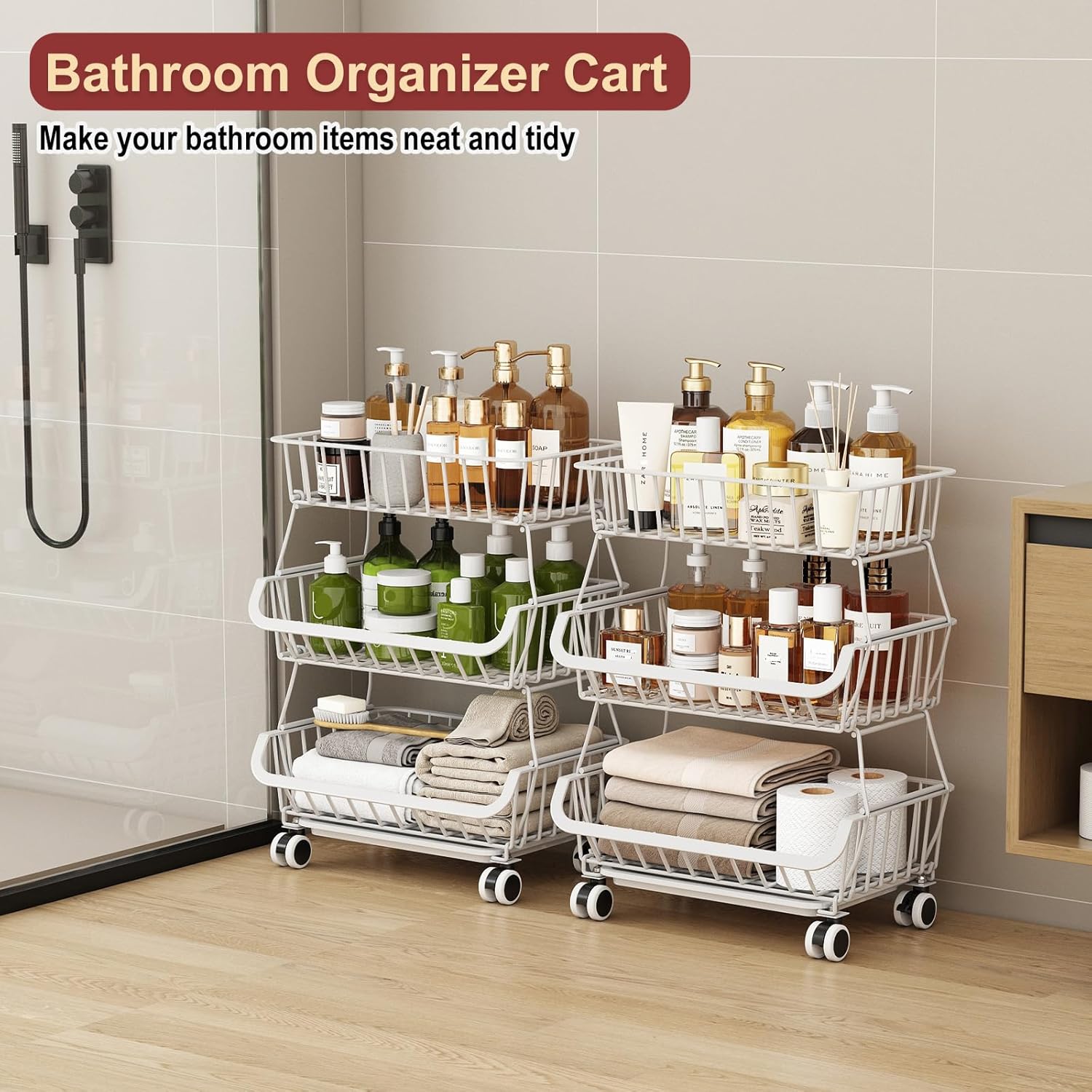 3-Tier Rolling Pantry Cart with Wheels, Stackable Wire Storage Floor Organizer for Kitchen Pantry Snack Shelves, Fruit Basket Stand, Vegetable Storage Rack for Food Snacks Onion Potato, White