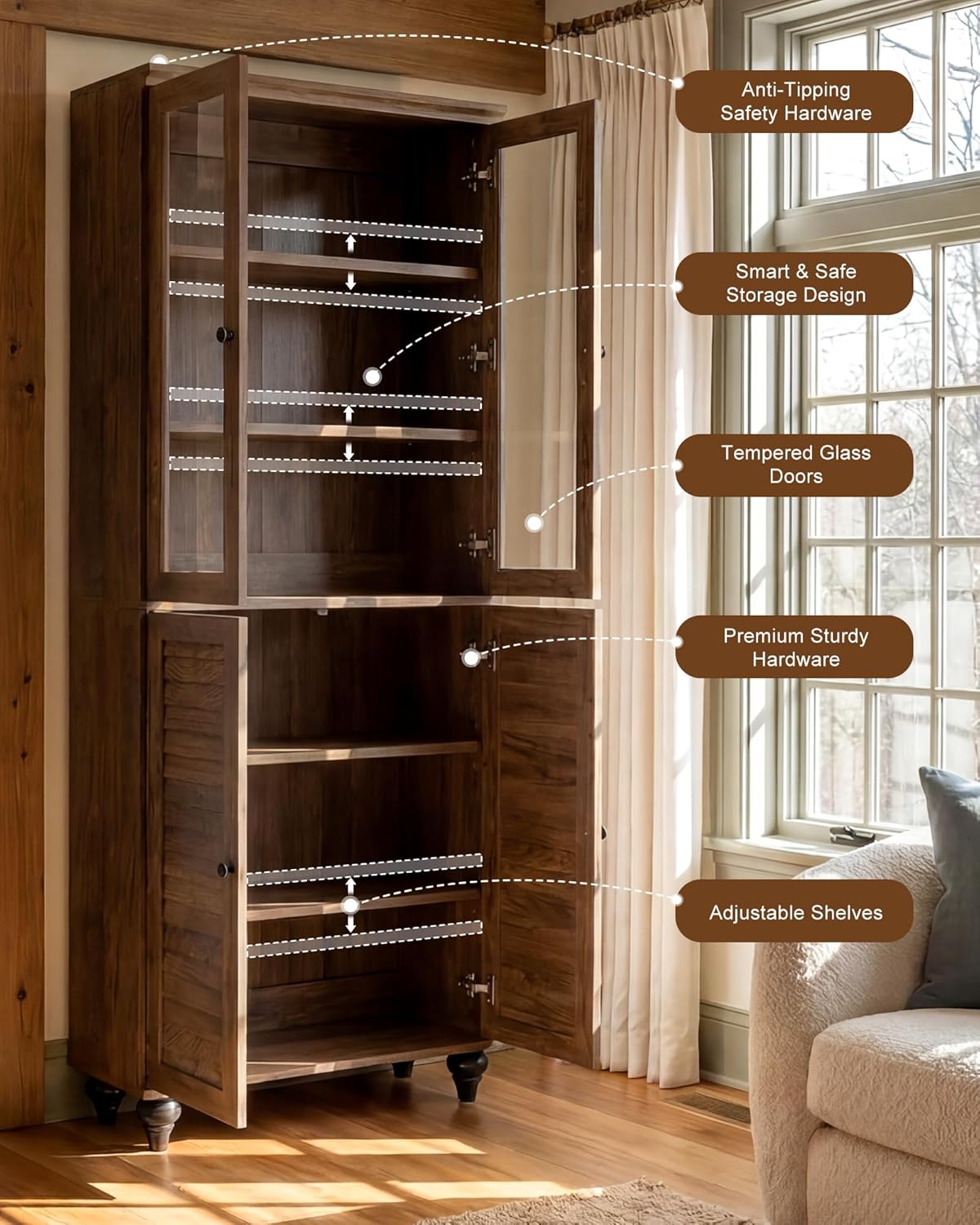 80" Kitchen Pantry Cabinet Set of 2, Farmhouse Storage Cabinets with Glass & Louvered Doors, Adjustable Shelves for Dining Room, Living Room, Home Office, Cracked Oak