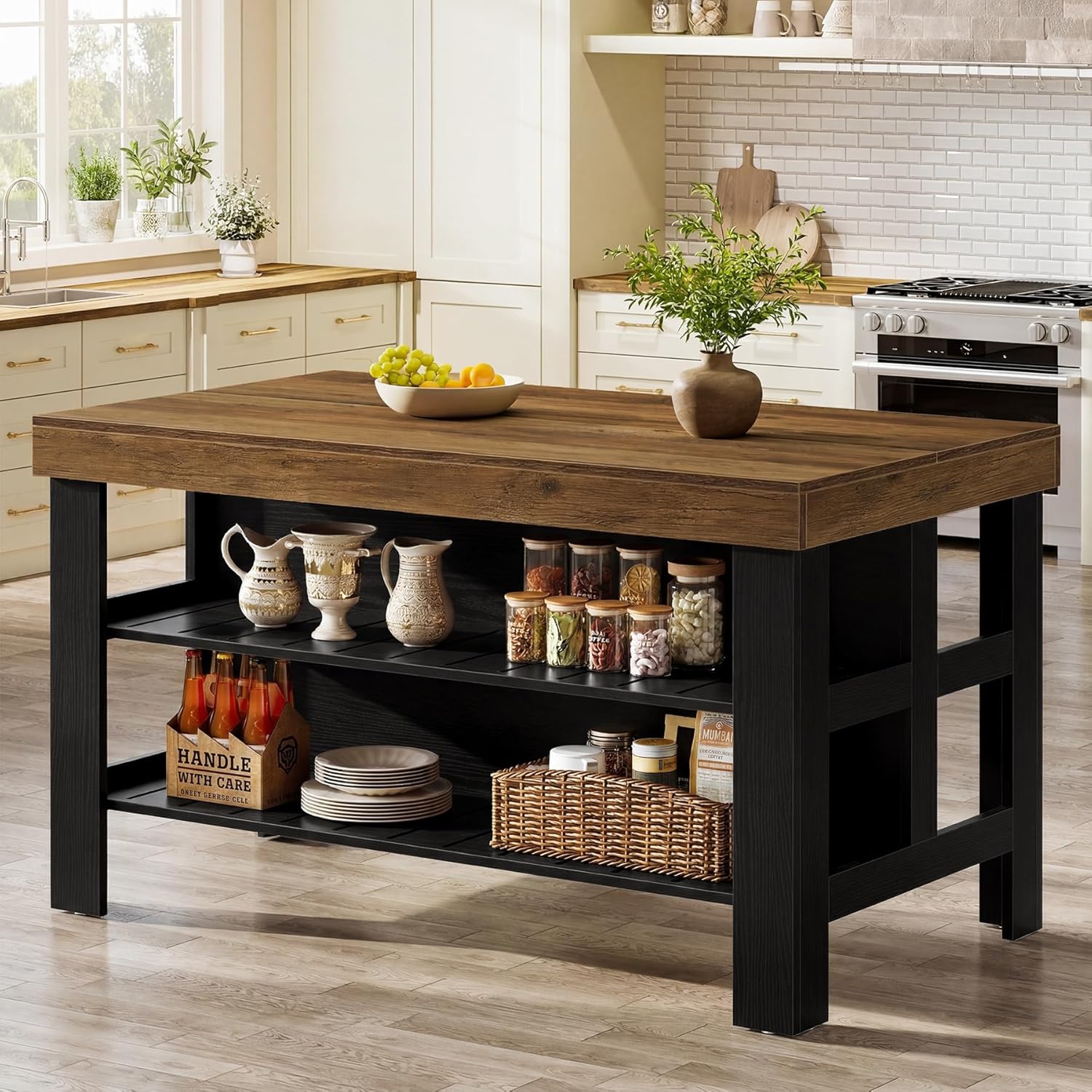 Tribesigns Kitchen Island with Storage and Seating, Farmhouse Large Stationary Wood Island Table for Kitchen Dining Room (Black and Brown)