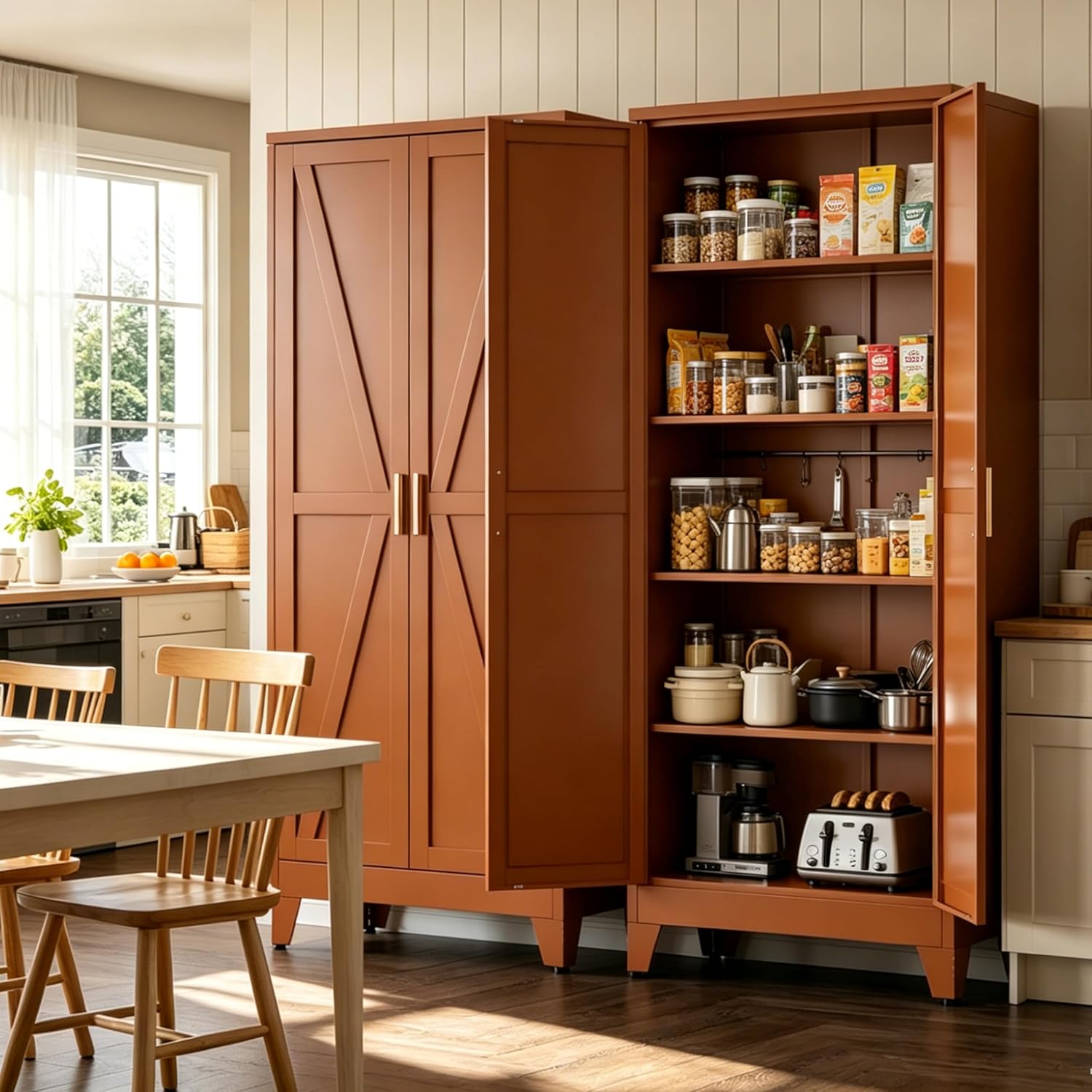 Bevivog Tall Rust Brown Storage Cabinet, 71" Metal Pantry Cabinet with 2 Doors and 4 Adjustable Shelves, Industrial Farmhouse Metal Pantry Cabinet for Kitchen Garage