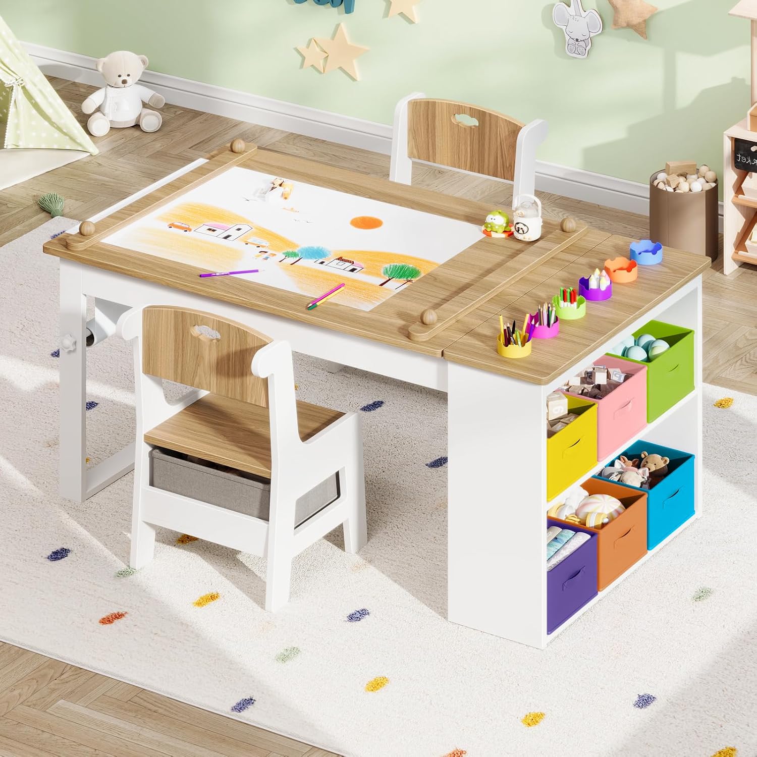 Befrases Kids Art Table and Chairs, Toddler Craft Table and 2 Chairs Set with Roll Paper, Large Activity Desk with 6 Colorful Paint Cups & Storage for Drawing, Learning and Reading