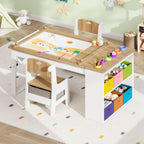 Befrases Kids Art Table and Chairs, Toddler Craft Table and 2 Chairs Set with Roll Paper, Large Activity Desk with 6 Colorful Paint Cups & Storage for Drawing, Learning and Reading