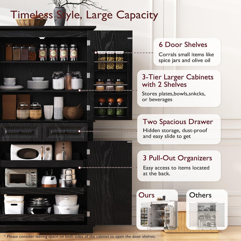 71" Tall Kitchen Pantry Cabinet, Freestanding Pantry Storage Cabinet with 3 Pull Out Organizers, 6 Door Shelves & 2 Drawers, Farmhouse Embossed Texture Cupboard for Kitchen, Dining Room, Black