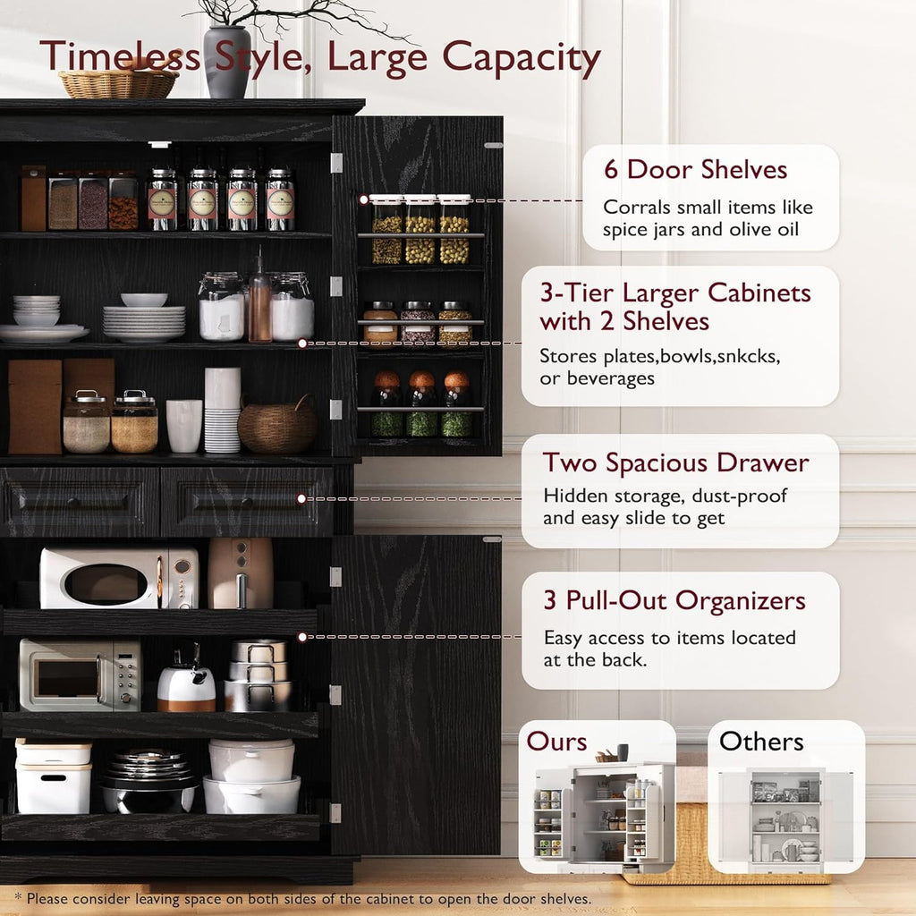 Virubi 71" Tall Kitchen Pantry Cabinet with 3 Pull Out Cabinet Organizers, Farmhouse Embossed Texture Storage Cupboard with Door Shelves, Adjustable Shelves, Anti-Tip Kit for Kitchen & Dining (Black)
