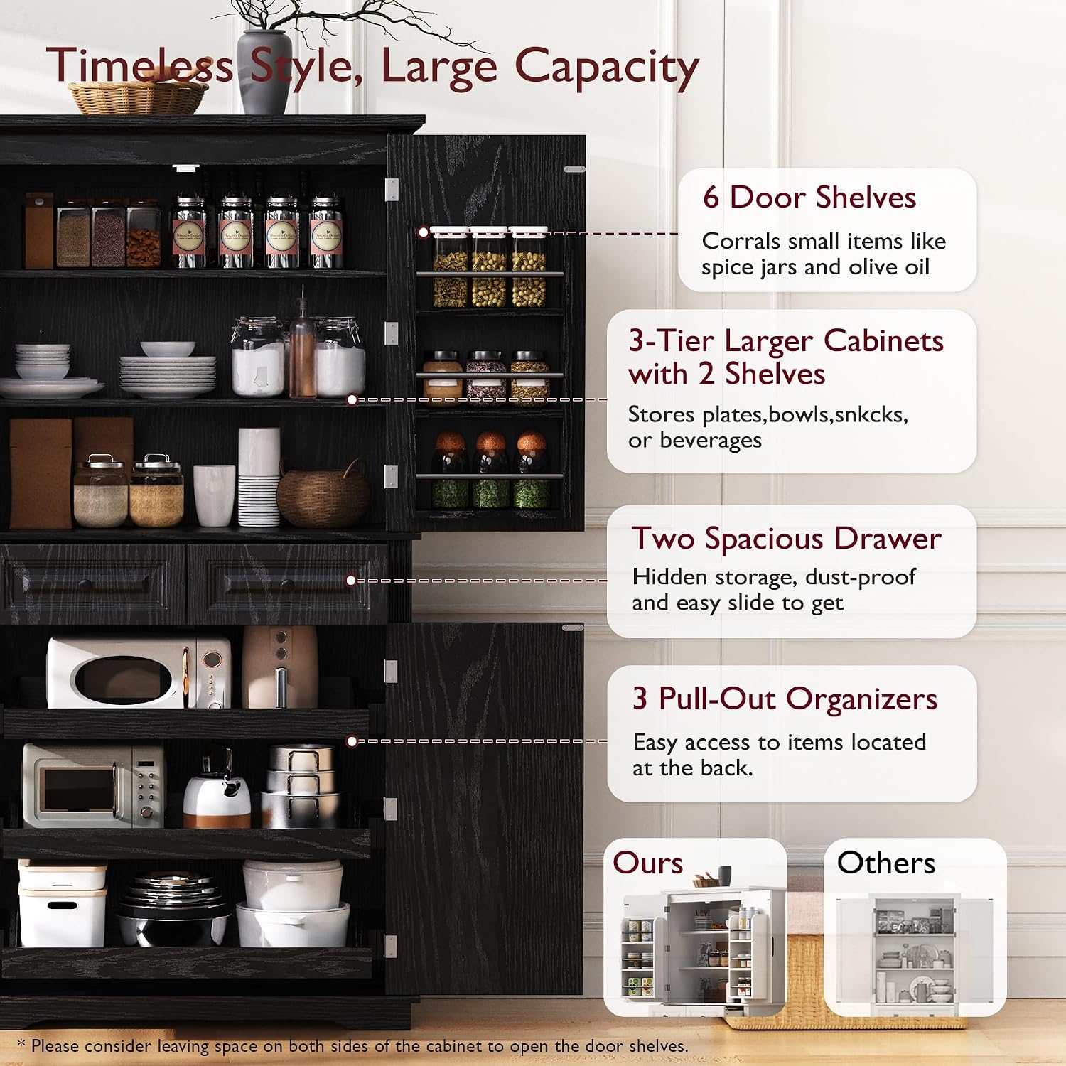 SOFTSEA Kitchen Pantry Cabinet with 6 Door Shelves and 2 Drawers, Farmhouse Embossed Texture Cupboard Cabinet with 3 Pull Out Organizers, Kitchen Hutch for Dining Room Living Room, Black