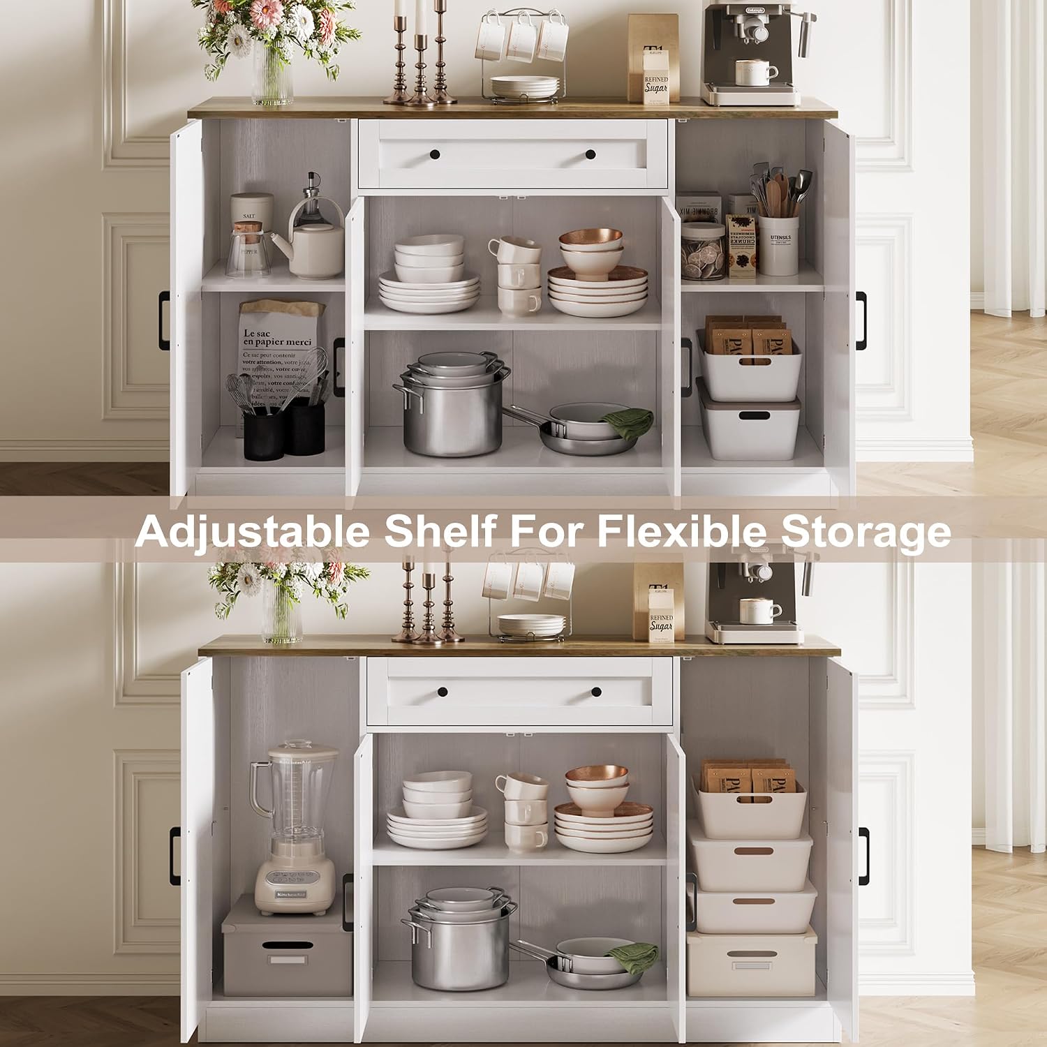 Buffet Cabinet with Storage, 55" Large Sideboard Storage Cabinet with Drawer, 4 Doors and Shelves, Modern Farmhouse Coffee Bar Table Kitchen Island Credenza for Kitchen, Entryway, Dining, Living Room