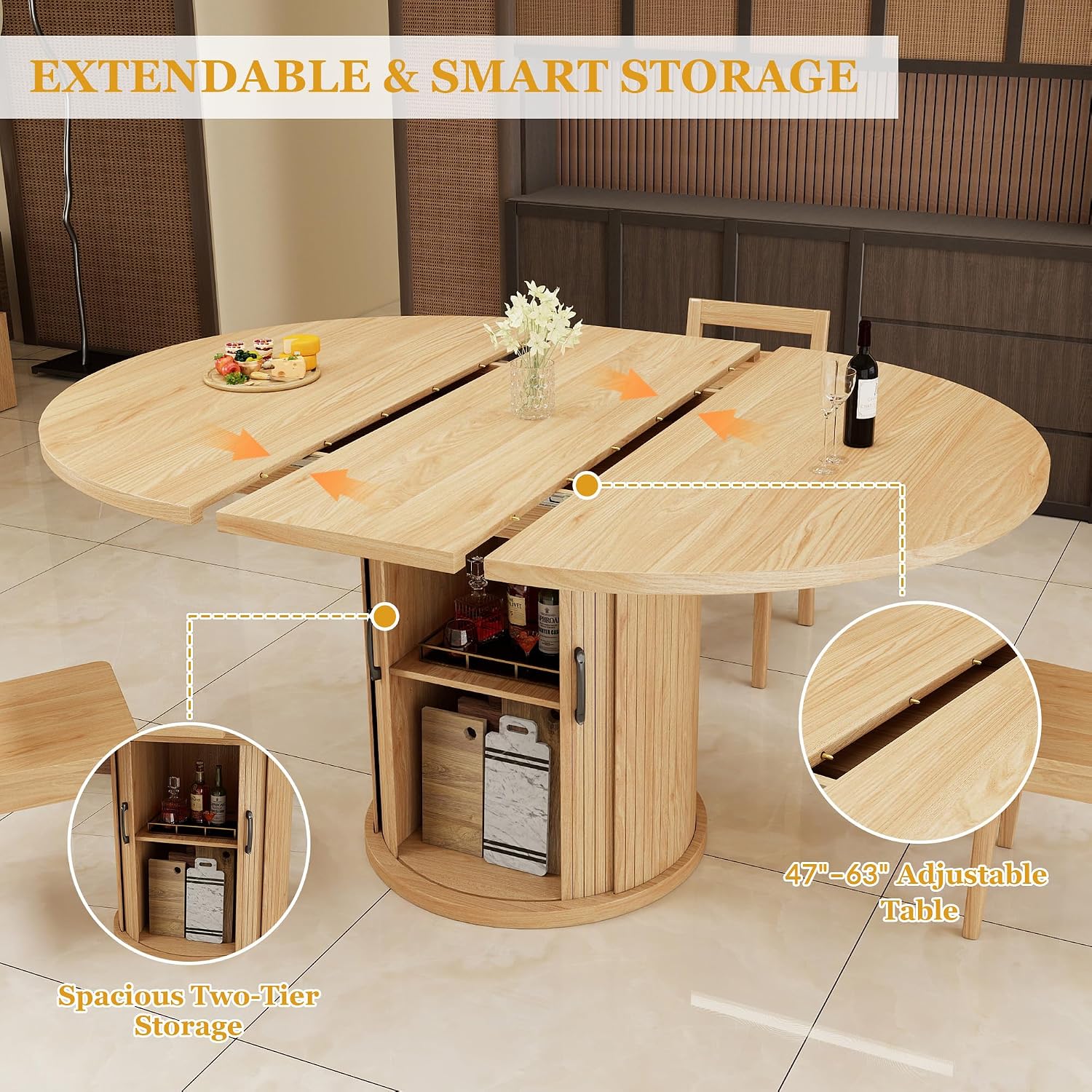 47.2"–63" Extendable Dining Room Table for 4-8, Round-to-Oval Expandable Dining Table with Dust-Proof 2-Tier Shelf, Space-Saving Wood Kitchen Table for Living Room, Oak