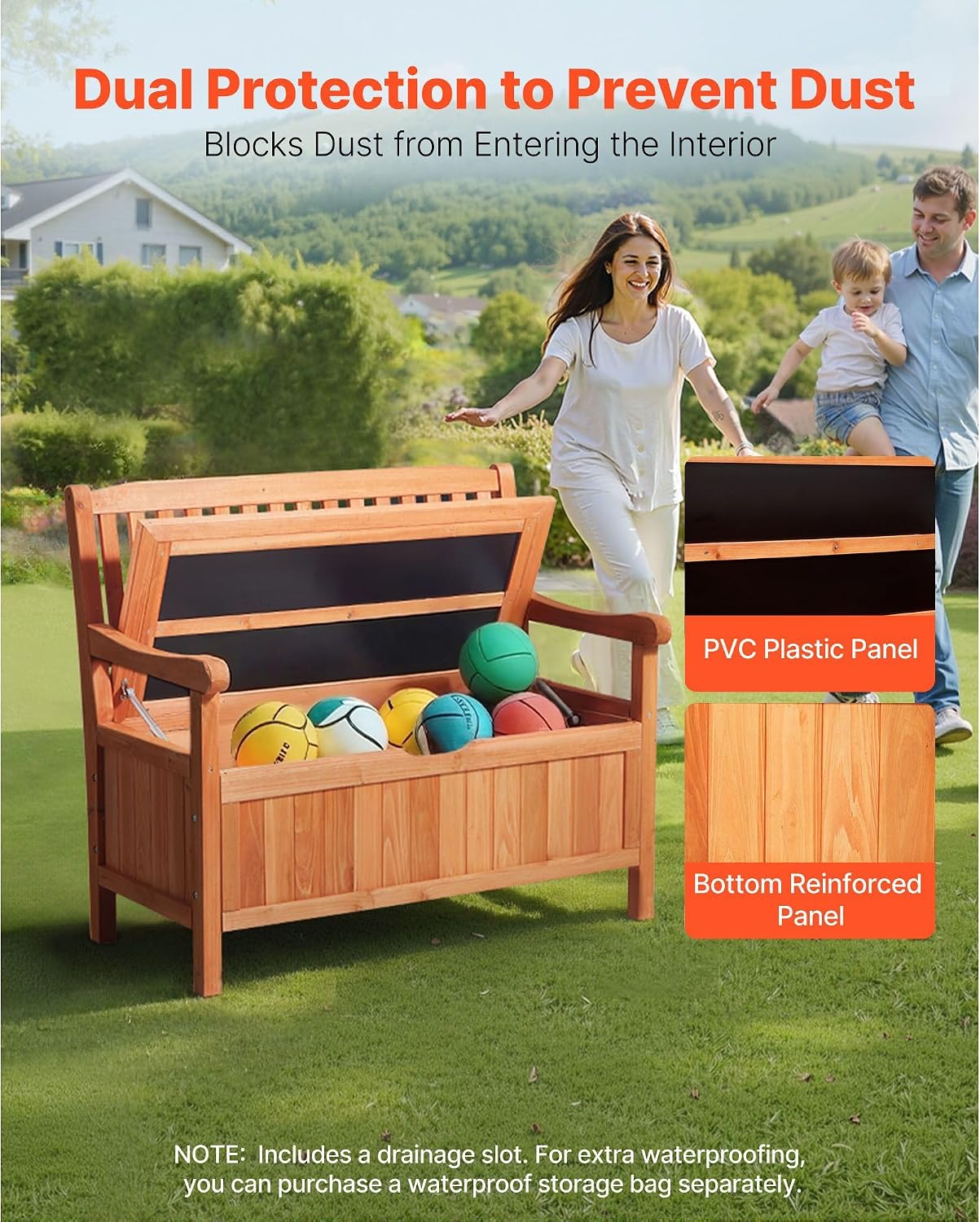 Cedar 2-Person Outdoor Storage Bench, 33 Gal Capacity Holds 705lbs Weatherproof Dustproof for Patio Garden