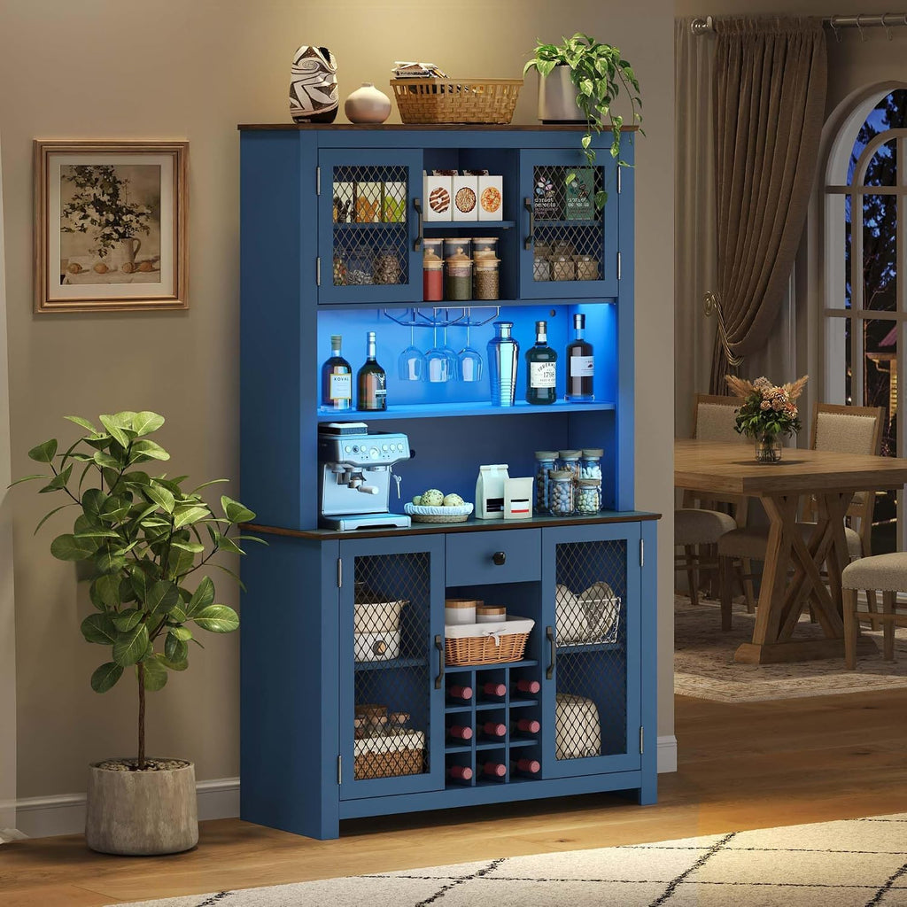 71” Kitchen Pantry with Microwave Shelf & Charging Station, LED Lighting Bar Hutch Cabinet with Storage Doors & Shelves, Glass Holders, Wine Rack, Wooden Structure (Navy Blue)