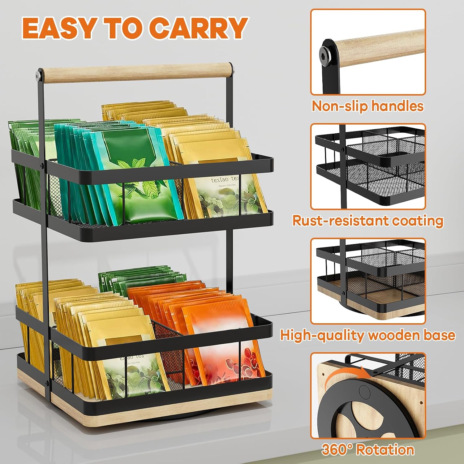 Tea Bag Organizer, 2-Tier 360° Rotating Tea Bag Holder Organizer, 8-Baskets Tea Holder Accessories Holds 120+ Tea Bags, Gift for Decor Kitchen, Cabinet, Bar Countertop Storage