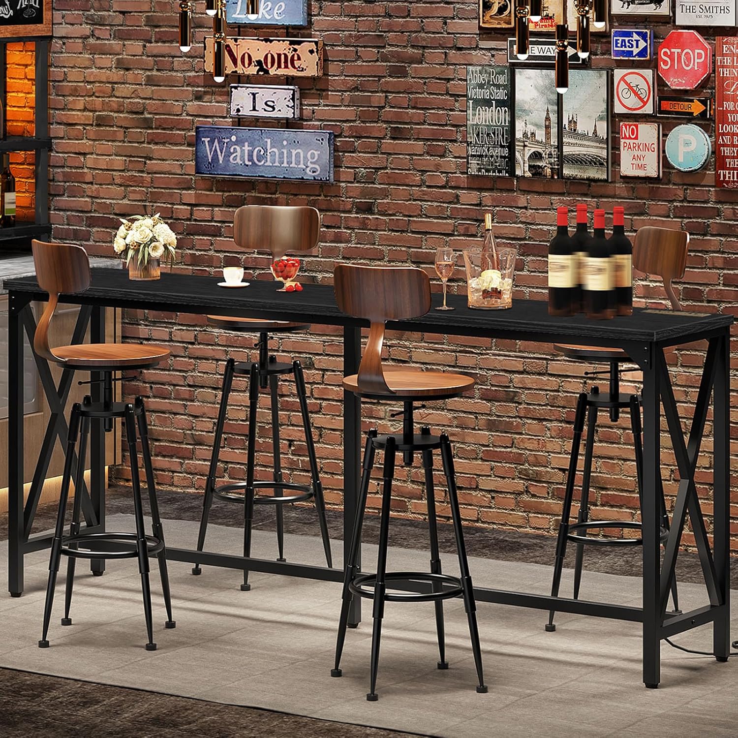 CHOEZON 70.9'' Bar Table, Kitchen Dining Table with Power Outlet and Footrest, Industrial Style, for Pub, Living Room, Black TBT08UBB