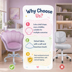 Cute Kids Desk Chair, Velvet Adjustable Ergonomic Chair for Students, Modern Upholstered Swivel Rolling Vanity Chair Child Computer Chair for Girls Bedroom/Study Room/Make Up, Light Purple