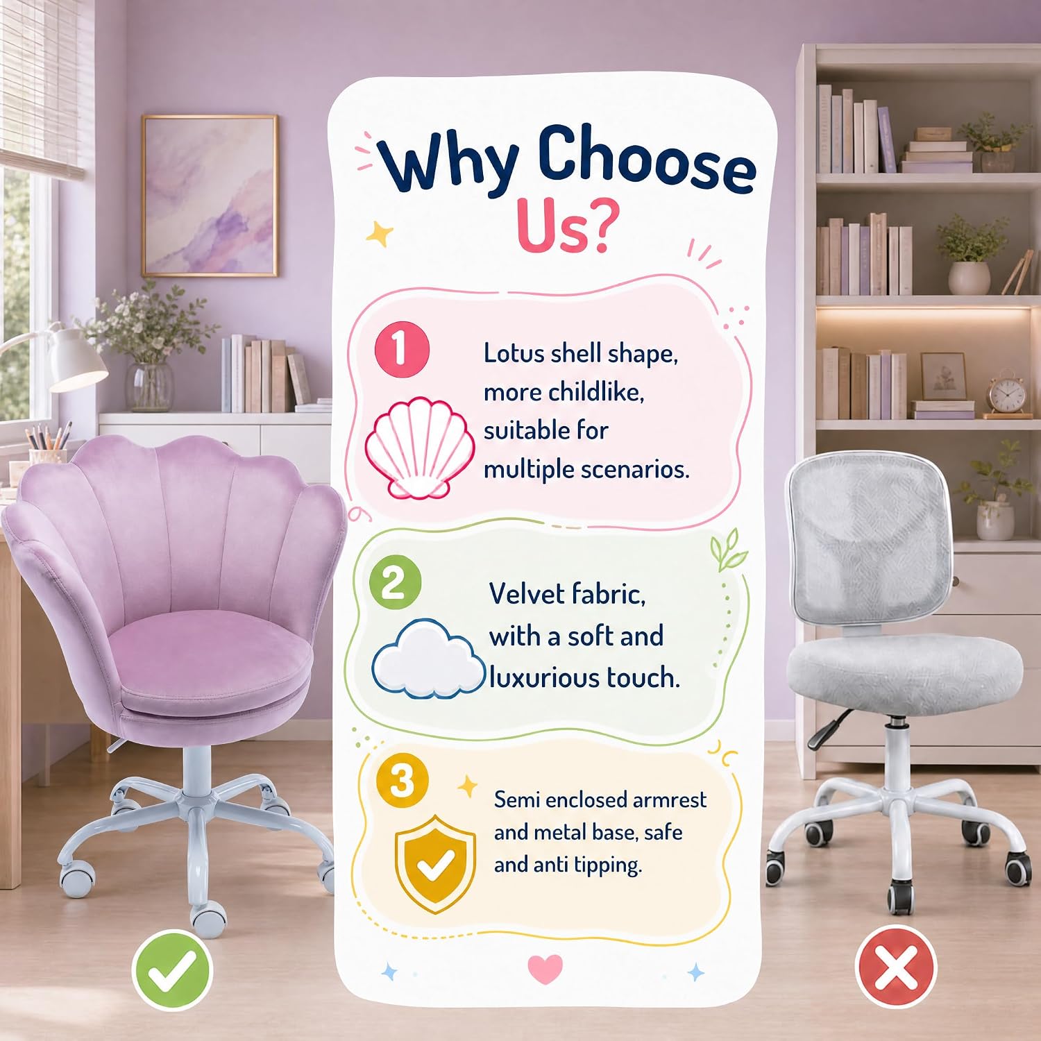 Cute Kids Desk Chair, Velvet Adjustable Ergonomic Chair for Students, Modern Upholstered Swivel Rolling Vanity Chair Child Computer Chair for Girls Bedroom/Study Room/Make Up, Light Purple