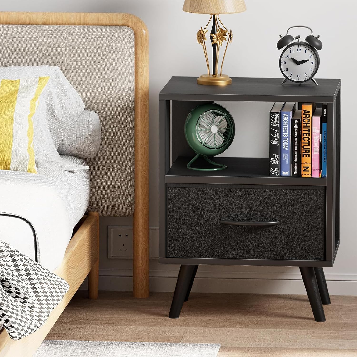 Aenuert Night Stand, Black Nightstand with Drawer, Side Table with Open Storage, 2-Tier Modern End Table, Bedside Table for Small Space, Living Room, Bedroom