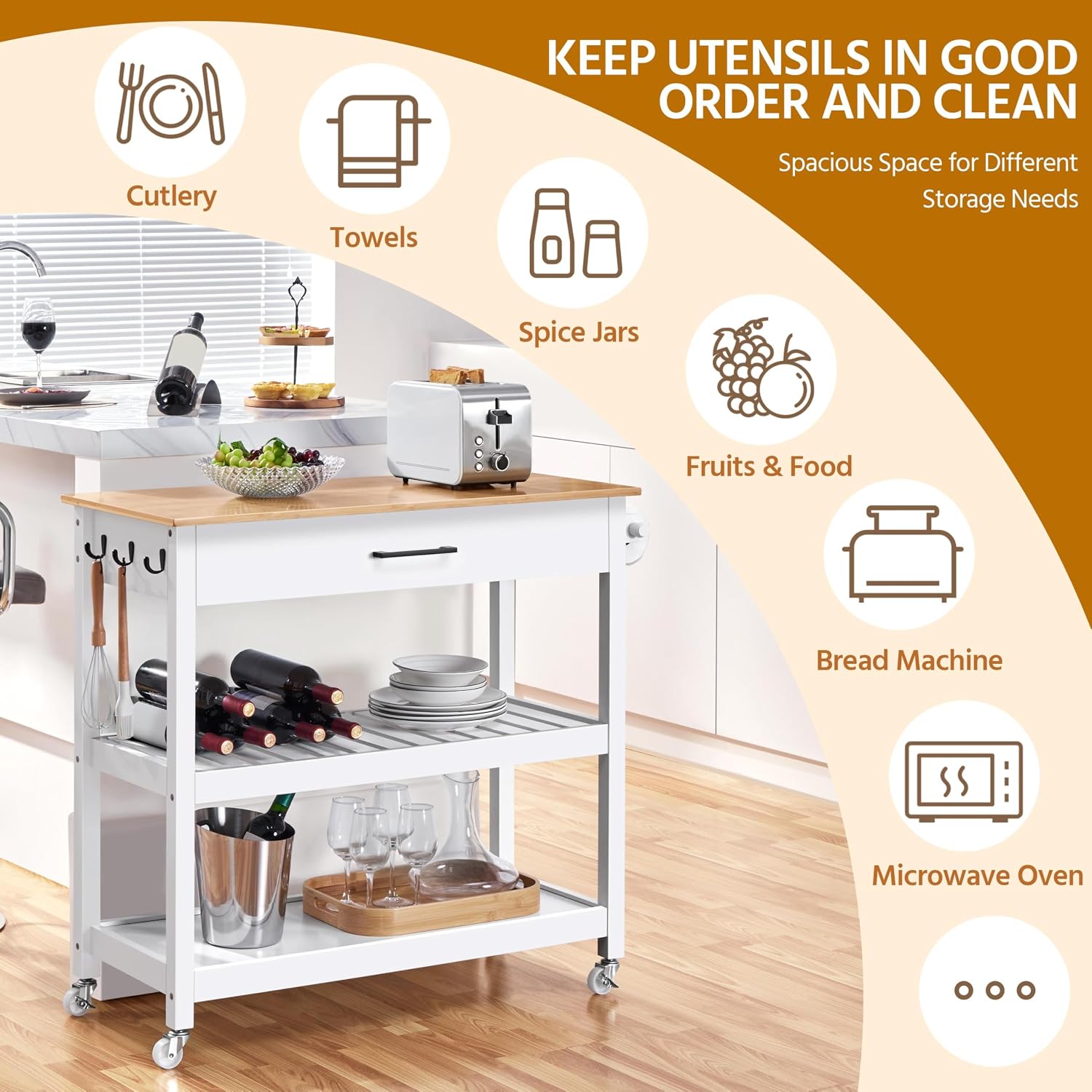 Yaheetech Kitchen Island Cart on Wheels with Bamboo Tabletop, 3-Tier Rolling Kitchen Island Microwave Cart with Drawer, Detachable Towel, 3 Hooks, 17" D x 37.5" W, White