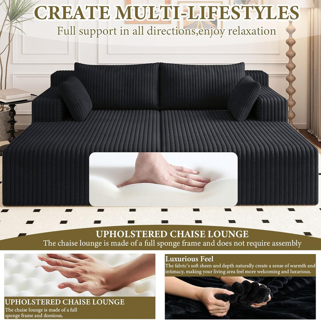 71" Oversized Double Chaise Lounges Indoor, Upholstered Corduroy Oversized Chaise Lounge Chair, Modern Sleeper Loveseat Chair Boneless Cloud Couch for Living Room Bedroom Reading (Black)