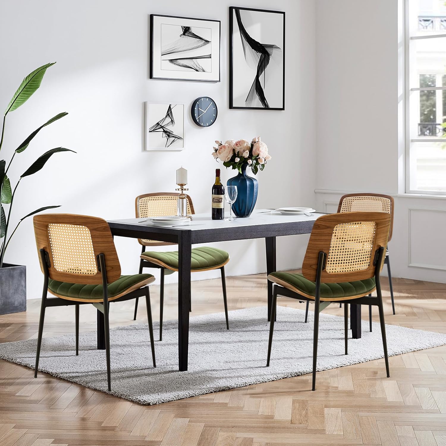 LUNLING Dining Chairs Set of 2 Mid Century Modern Retro Green Velvet Kitchen Chairs with Walnut Bentwood Upholstered Seat Metal Legs Adjustable Foot for Kitchen Dining Room Chairs(Green Fabric)