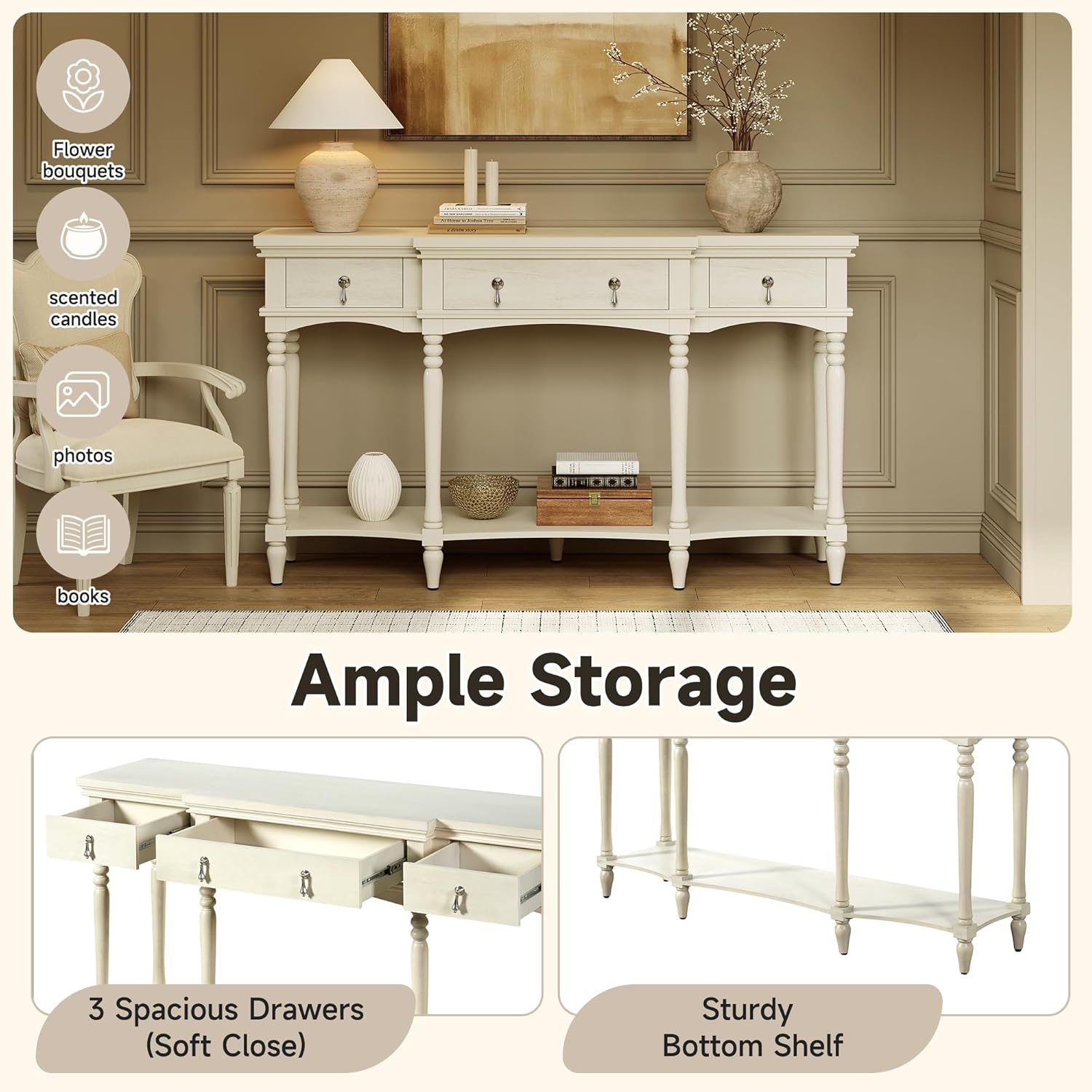 Christopher Knight Home Cally Wood Console Table with Drawers & Bottom Shelf, Narrow Entryway Table with Turned Roman Legs, Traditional Rectangular Wall Table for Living Room Study Hallway, White