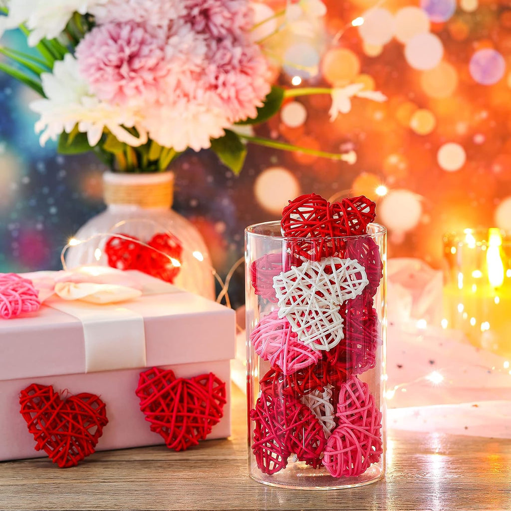 24 Pieces Valentine Heart Shaped Rattan Balls 2.36 Inch Heart Vase Bowl Fillers DIY Craft Wicker Rattan Decor for Valentine Wedding Party Decor (Pink,White,Red,Rose Red)