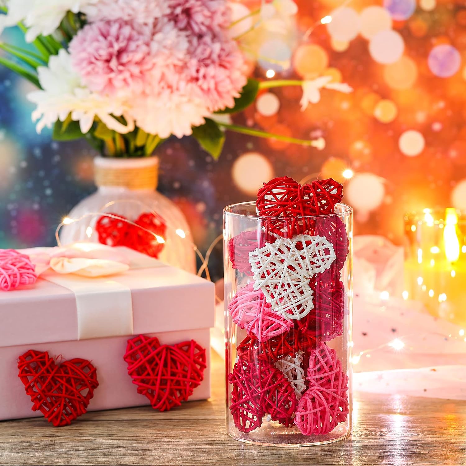 24 Pieces Valentine Heart Shaped Rattan Balls 2.36 Inch Heart Vase Bowl Fillers DIY Craft Wicker Rattan Decor for Valentine Wedding Party Decor (Pink,White,Red,Rose Red)