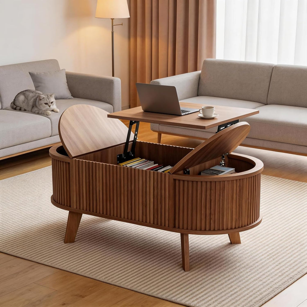 Oval Fluted Coffee Table with Lift Top, Mid Century Modern Coffee Table with 3 Hidden Storage, 39.4" Farmhouse Center Tables for Living Room Home Office, Walnut
