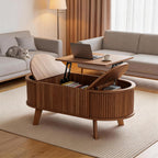 Oval Fluted Coffee Table with Lift Top, Mid Century Modern Coffee Table with 3 Hidden Storage, 39.4" Farmhouse Center Tables for Living Room Home Office, Walnut