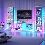 HNEBC Glass Display Case Set and TV Stand for LIvingroom, 5-Tier Curio Cabinet with RGB Lights for Collection, China Cabinet with Glass Doors, Entertainment Center with 2AC Outlet -3PCS White