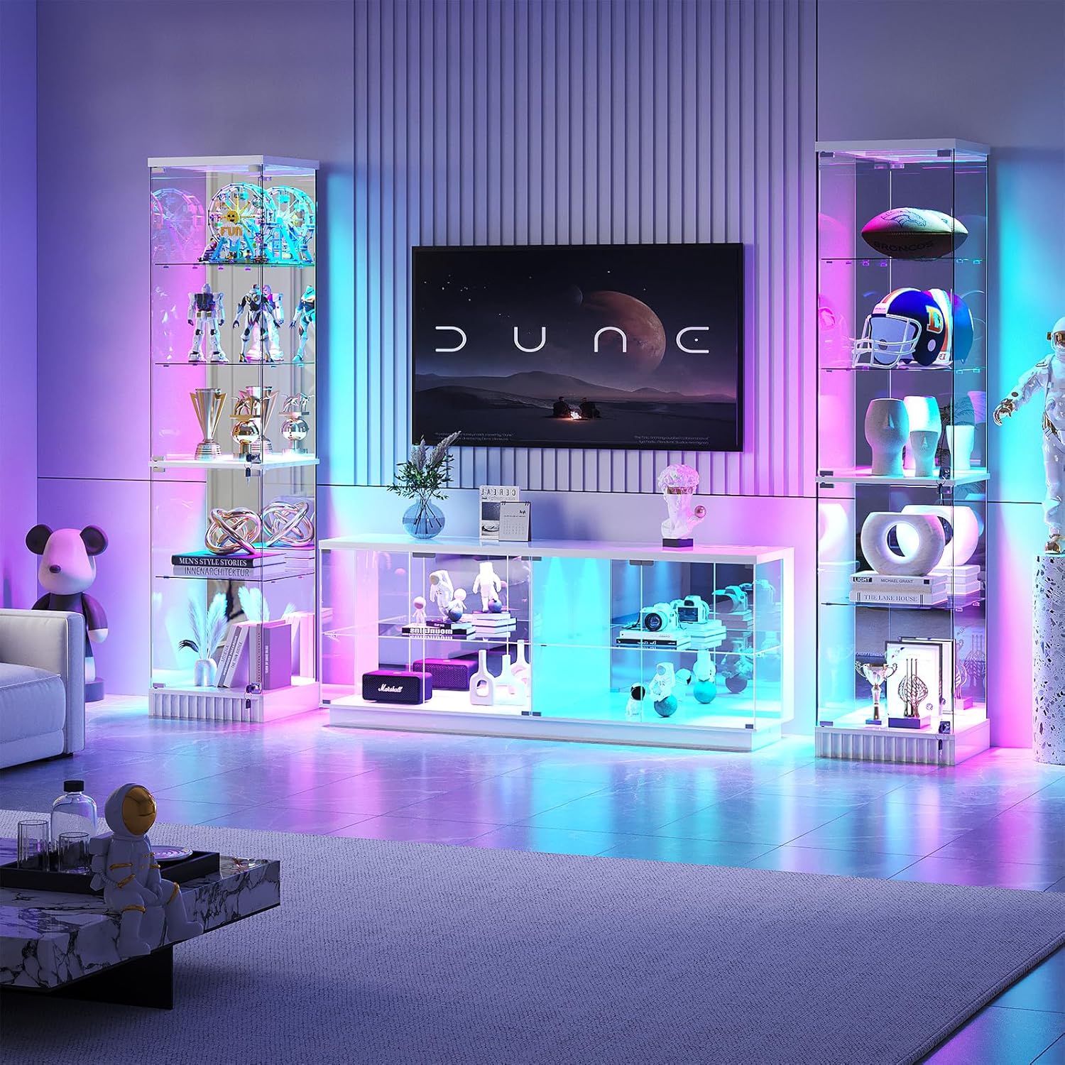 HNEBC Glass Display Case Set and TV Stand for LIvingroom, 5-Tier Curio Cabinet with RGB Lights for Collection, China Cabinet with Glass Doors, Entertainment Center with 2AC Outlet -3PCS White