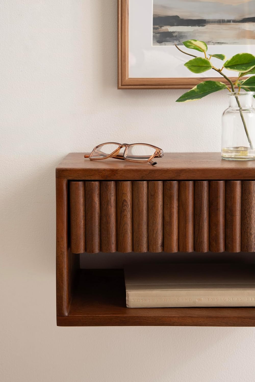 Kate and Laurel Reid Ribbed Wooden Tiered Floating Side Table, 18 x 10 x 9, Walnut Brown, Modern Rectangular Mango Wood Floating Nightstand with Drawer for Bedroom Storage or Living Room End Table