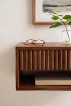 Kate and Laurel Reid Ribbed Wooden Tiered Floating Side Table, 18 x 10 x 9, Walnut Brown, Modern Rectangular Mango Wood Floating Nightstand with Drawer for Bedroom Storage or Living Room End Table
