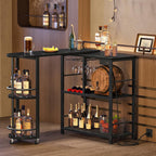 HOOBRO L-Shaped Bar Table, Home Bar Unit with Charging Station, 3-Tier Shelves with Wine Rack, 360° Extendable Bar Table on Wheels, Corner Mini Coffee Cabinet, for Pub, Kitchen, Black BB183UBT01