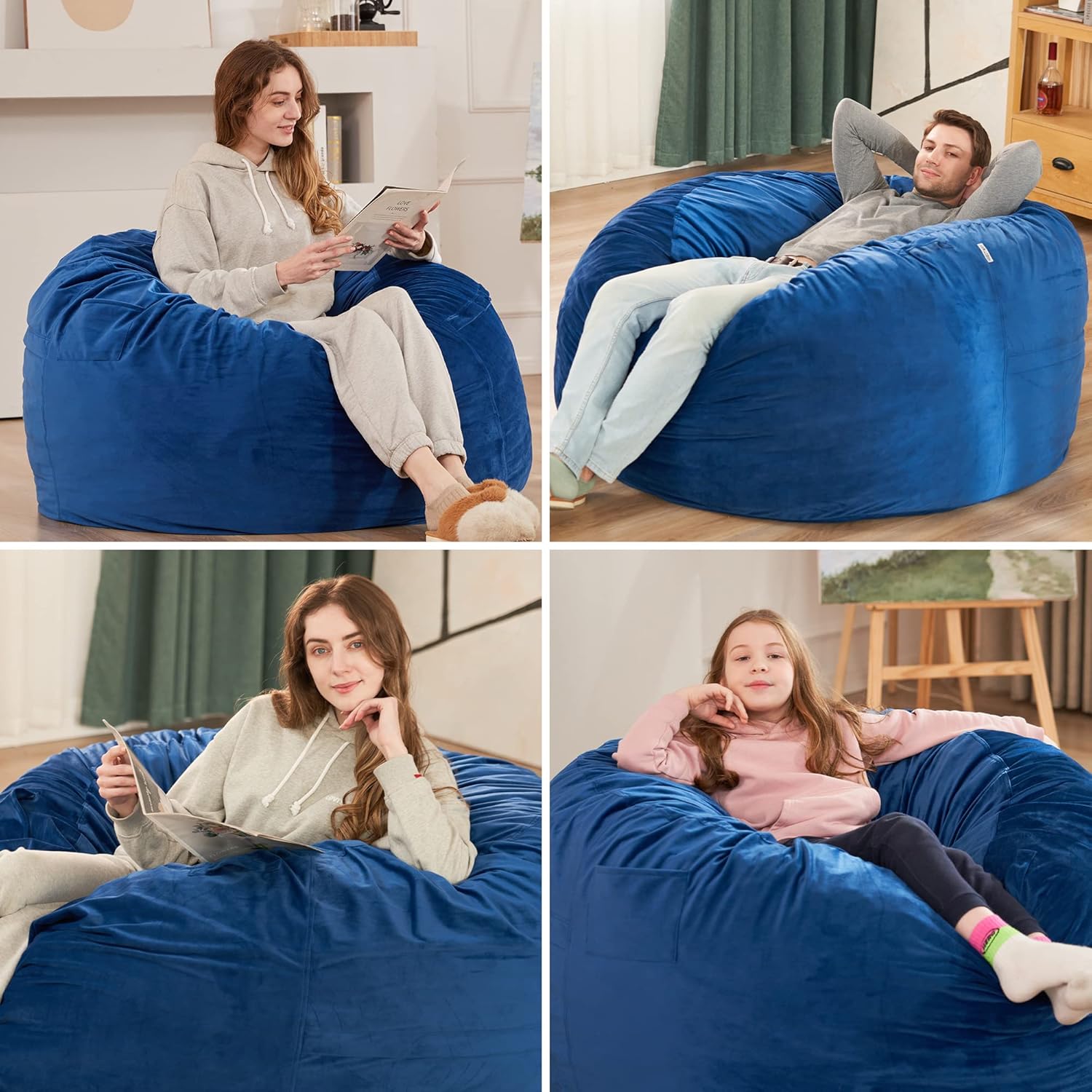 HABUTWAY Bean Bag Chair 3Ft Luxurious Velvet Ultra Soft Fur with High Rebound Memory Foam Bean Bag Chairs for Adults Plush Lazy Sofa with Fluffy Sponge 3' (Blue)