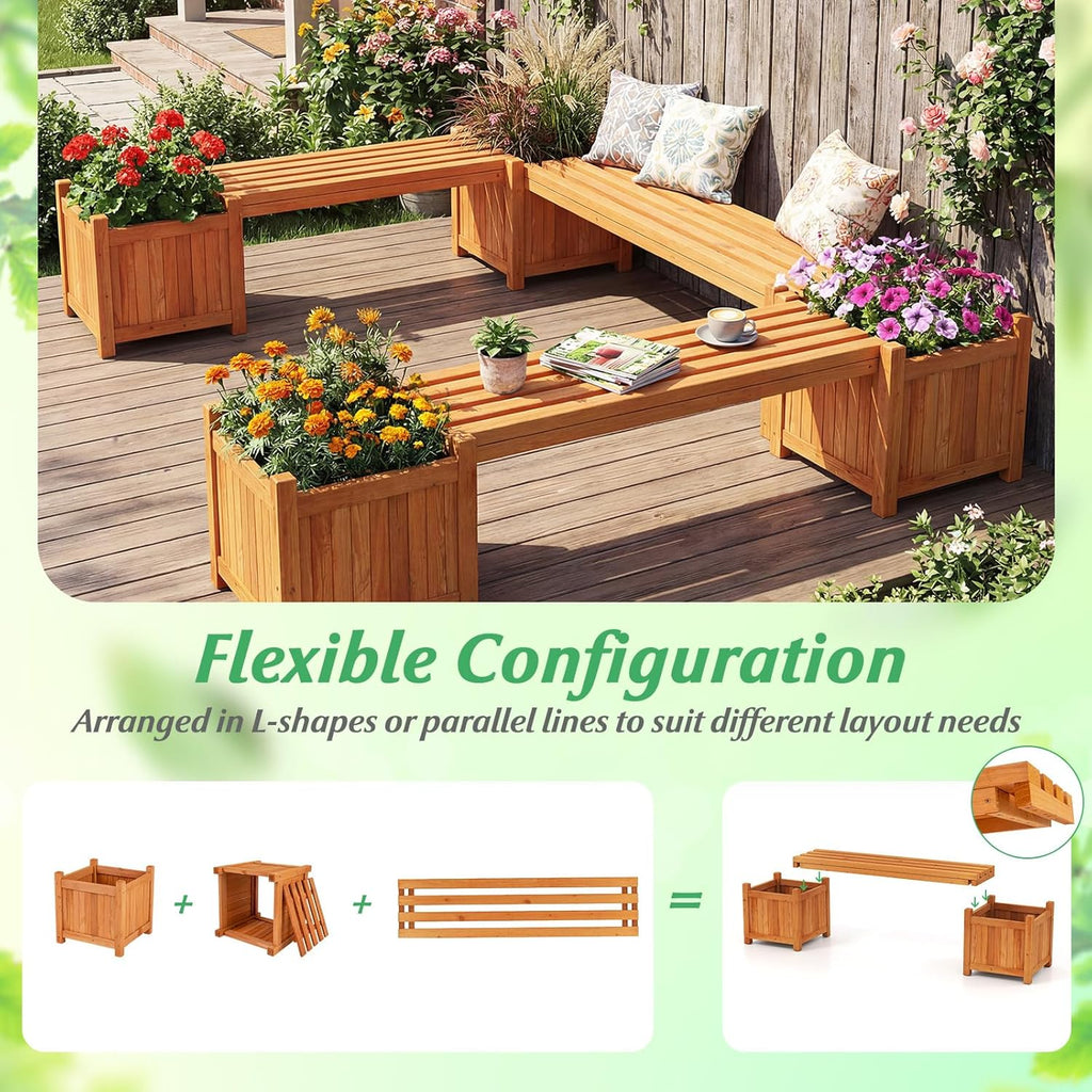HAPPYGRILL 2-in-1 Outdoor Bench with 2 Raised Garden Beds, 2 Person Patio Bench with Teak Oil Finish, Open-Ended Base, Wooden Garden Bench for Flowerpots, Indoor Patio Yard Porch Decoration (1)