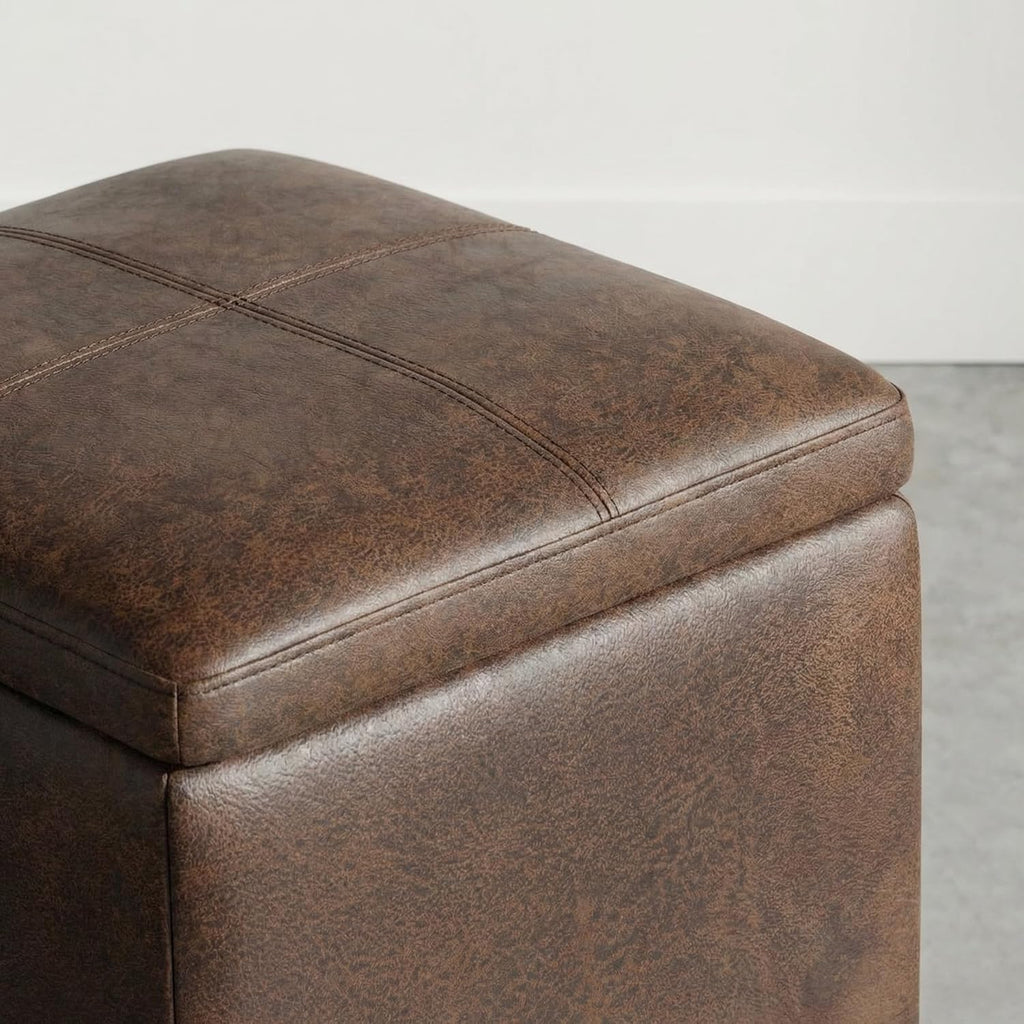 SIMPLIHOME Rockwood Cube Storage Ottoman with Tray - 17 inch Wide Upholstered Vegan Leather Square Storage Ottoman in Aged Brown, Contemporary Cube Ottoman for Living Room with Serving Tray