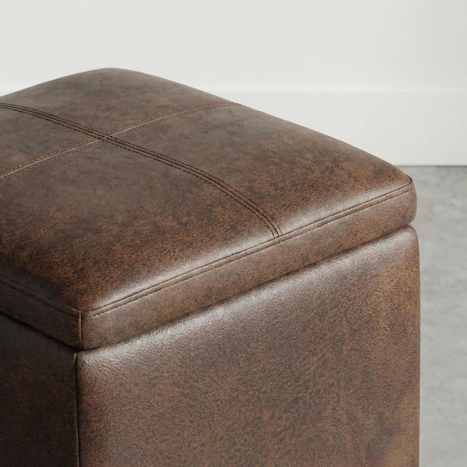SIMPLIHOME Rockwood Cube Storage Ottoman with Tray - 17 inch Wide Upholstered Vegan Leather Square Storage Ottoman in Aged Brown, Contemporary Cube Ottoman for Living Room with Serving Tray