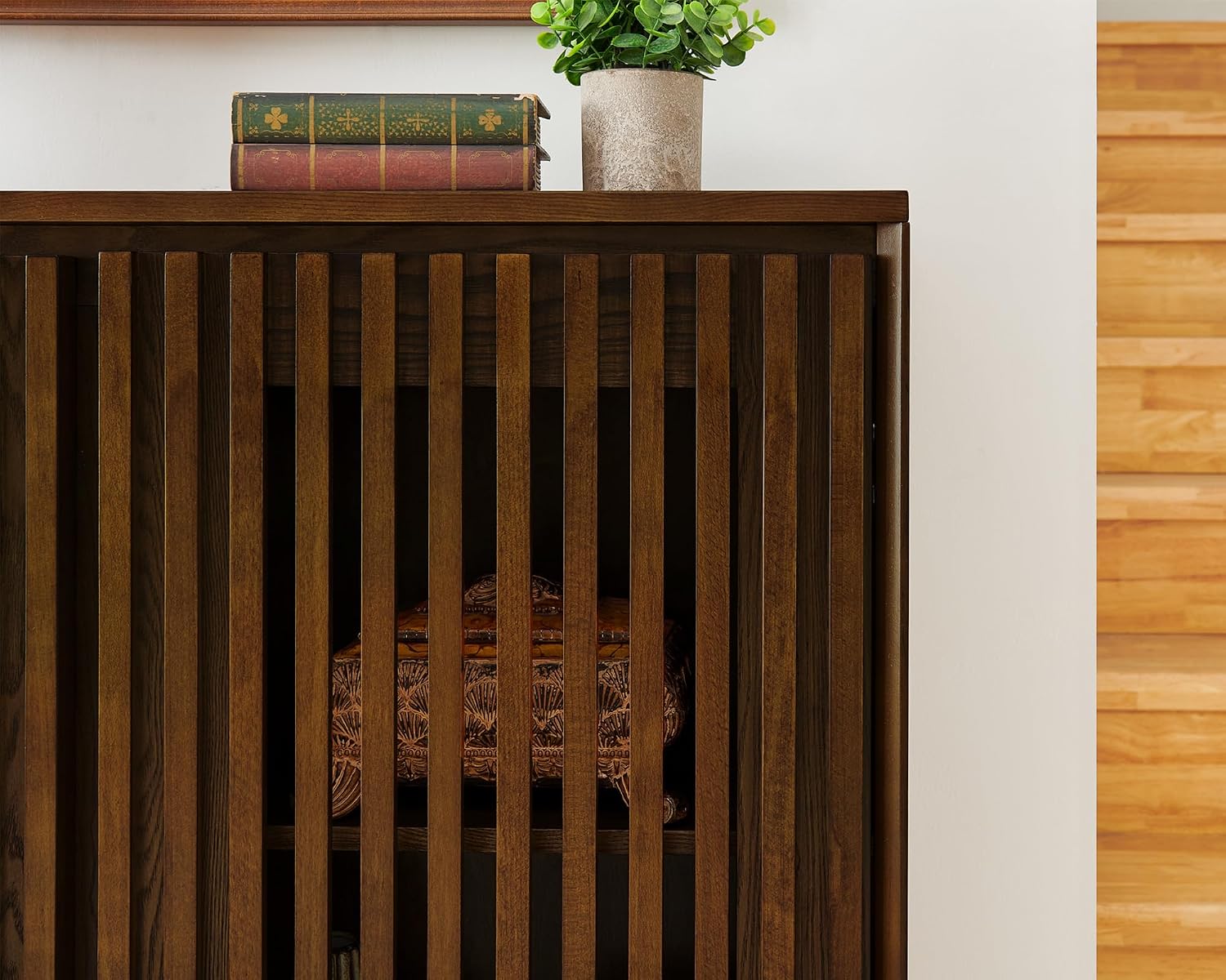 LKTART Mid Century Modern Sideboard Buffet Storage Cabinet, Narrow Credenza Entryway Cabinet with 2 Doors,Media Console Table for Living Room,Hallway-Walnut,2 Piece