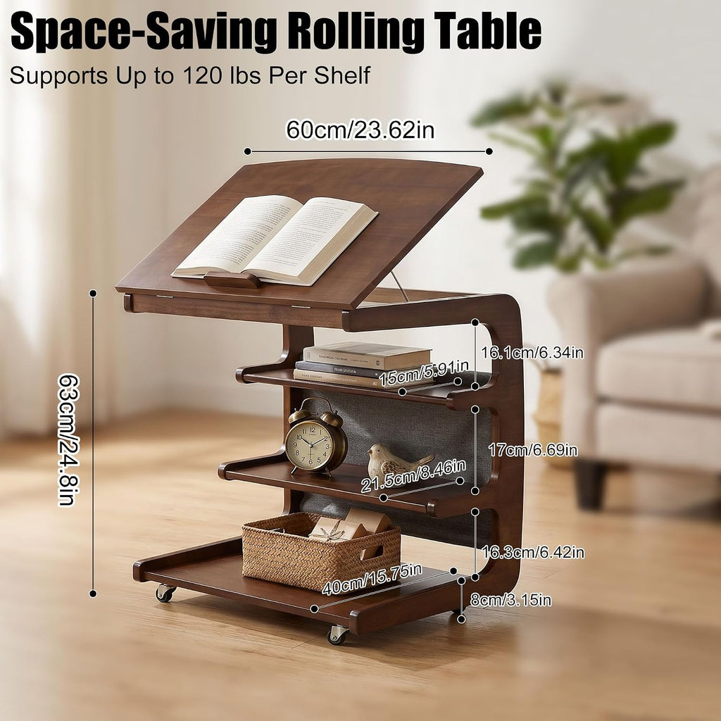 100% Solid Wood C Shaped End Table with Swivel Wheels, Lift Top Couch Table with Storage, Rolling Table that Slide Under Sofa & Bed, 15.75" D x 23.62" W x 24.8" H