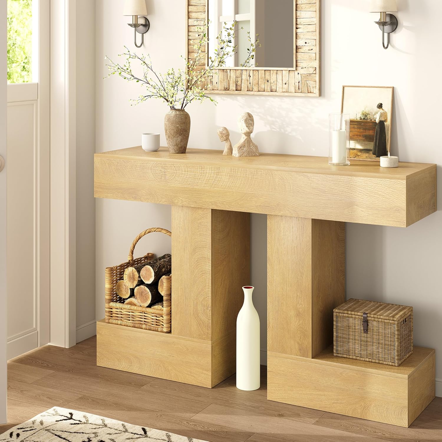 47.24-Inch Console Table, Farmhouse Sofa Table Behind Couch with Storage, Industrial Entryway Table for Living Room, Hallway, Entrance & Foyer, Natural Wood Finish