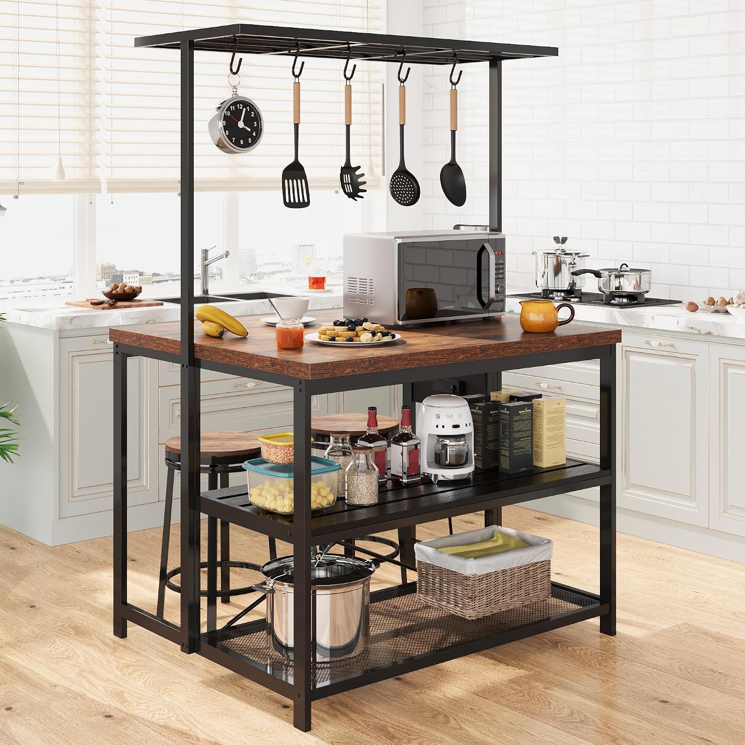 47" Kitchen Island with Storage and Power Outlet - 3-Tier Bakers Rack Microwave Stand, Industrial Coffee Bar Table with Built-in 4-Outlet Power Hub, 5 Hanging s-Hooks & Open Tiered Shelves for Dining