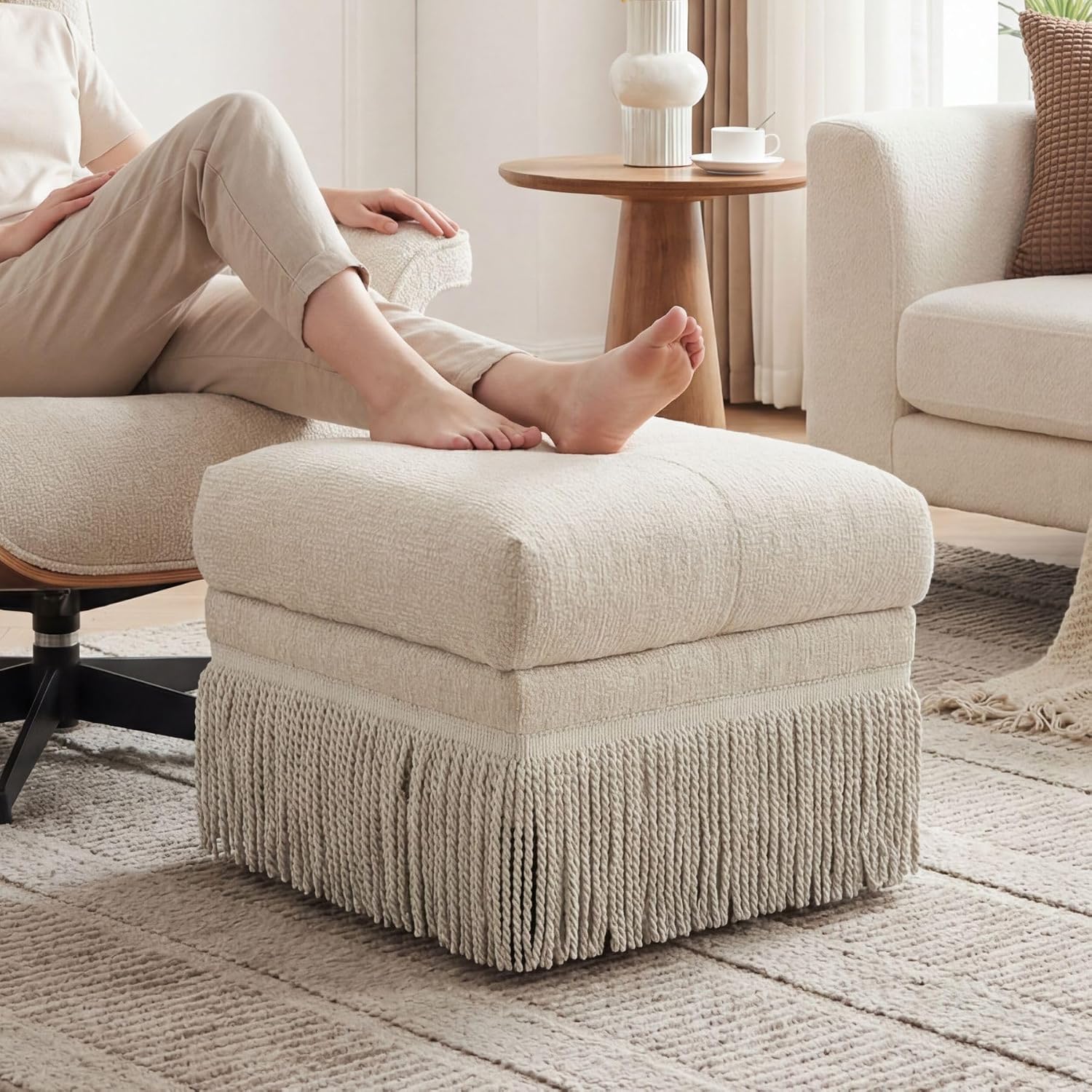 Hyfirm 22 Inch Square Beige Ottoman with Fringe for Living Room, Plush Modern Boho Upholstered Accent Pouf Ottomans Foot Rest for Bedroom, Footstool Ottoman End of Bed