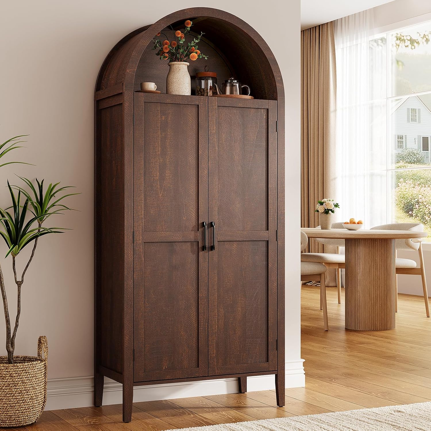 ONBRILL 71" Tall Arched Kitchen Pantry, Storage Cabinet Pantry with 2 Pull-Out Shelves, 6 Door Shelves, Organizer, Freestanding Morden Versatile Cupboard for Kitchen, Dining Room (Brown)