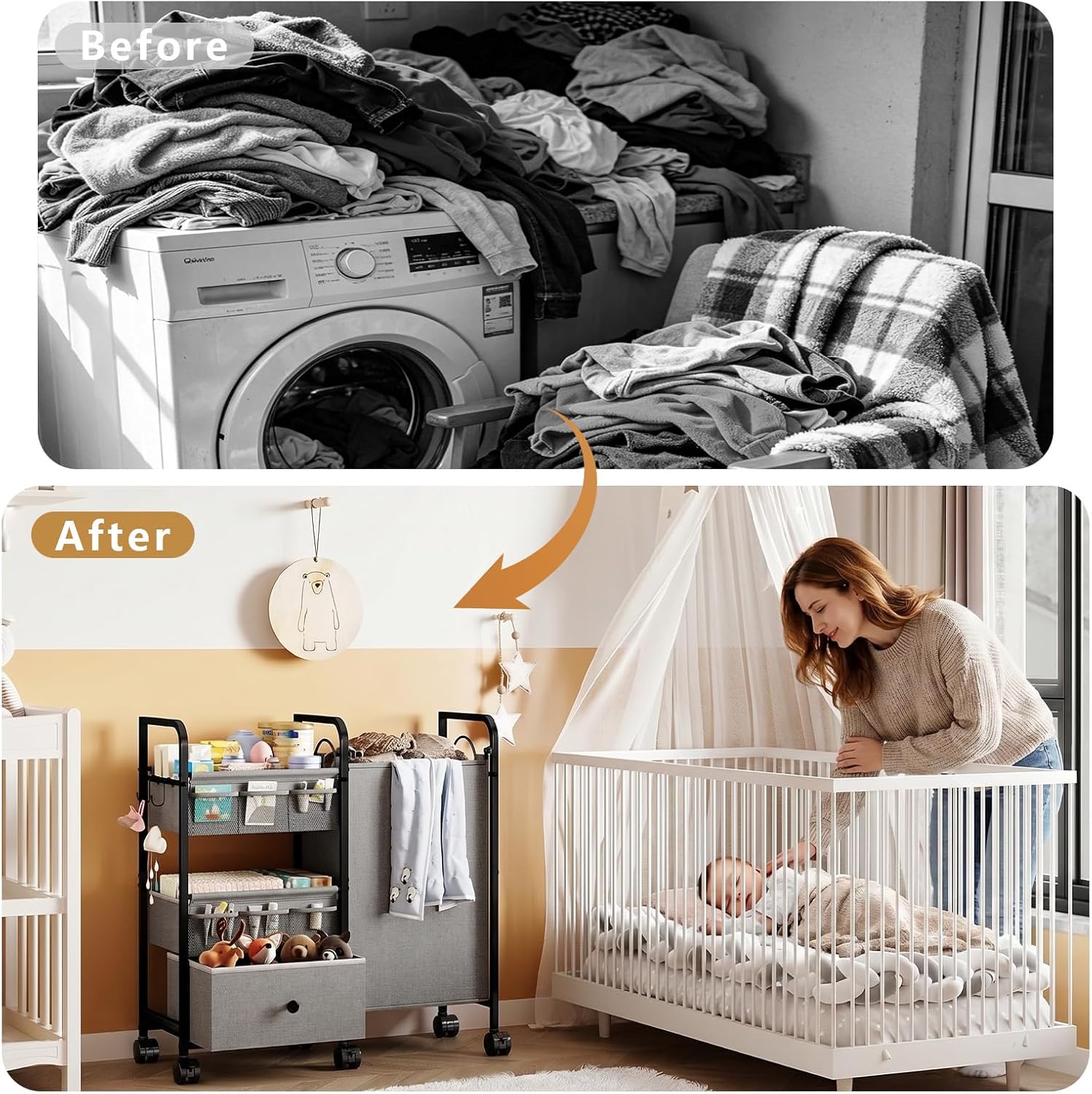 Cidaziya 2In1 Baby Diaper Caddy Organizer with Laundry Hamper, 3 Tier Rolling Cart with Dividers and Drawers, Upgrade Diaper Cart Utility Cart Clothes Organizer for Baby Essentials, New Mom, Nursery