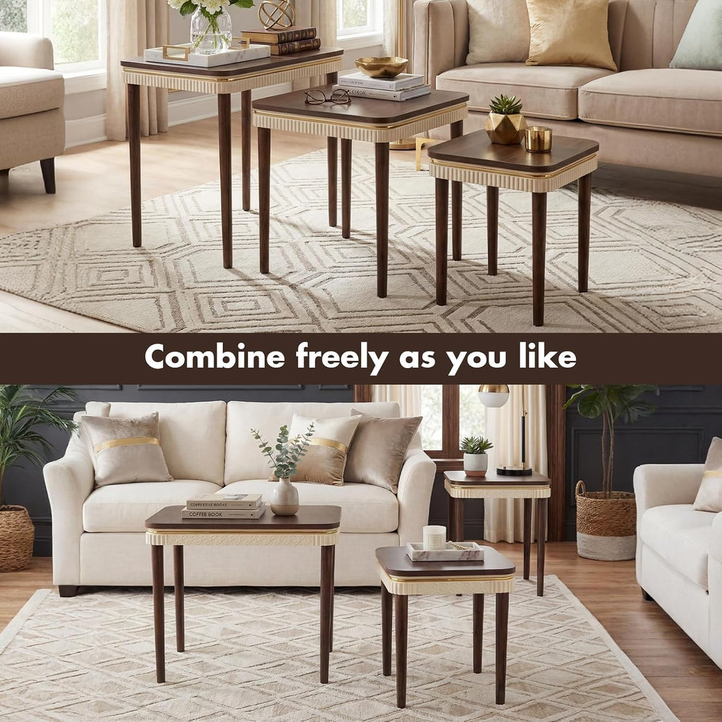 Hyfirm Walnut Side Table End Table Nesting Tables Set of 3, Retro Nesting Tables with Veneered Top & Gold Trim, Mid Century Modern Nesting Wood Coffee Tables for Living Room/Bedroom/Apartment