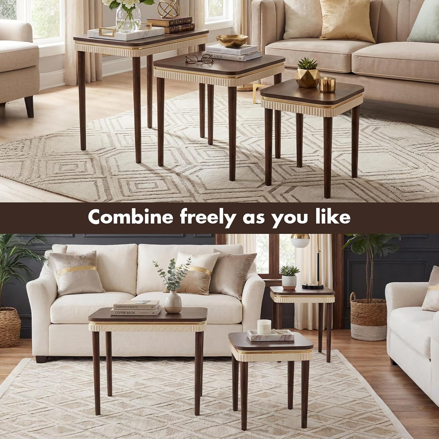 Hyfirm Walnut Side Table End Table Nesting Tables Set of 3, Retro Nesting Tables with Veneered Top & Gold Trim, Mid Century Modern Nesting Wood Coffee Tables for Living Room/Bedroom/Apartment
